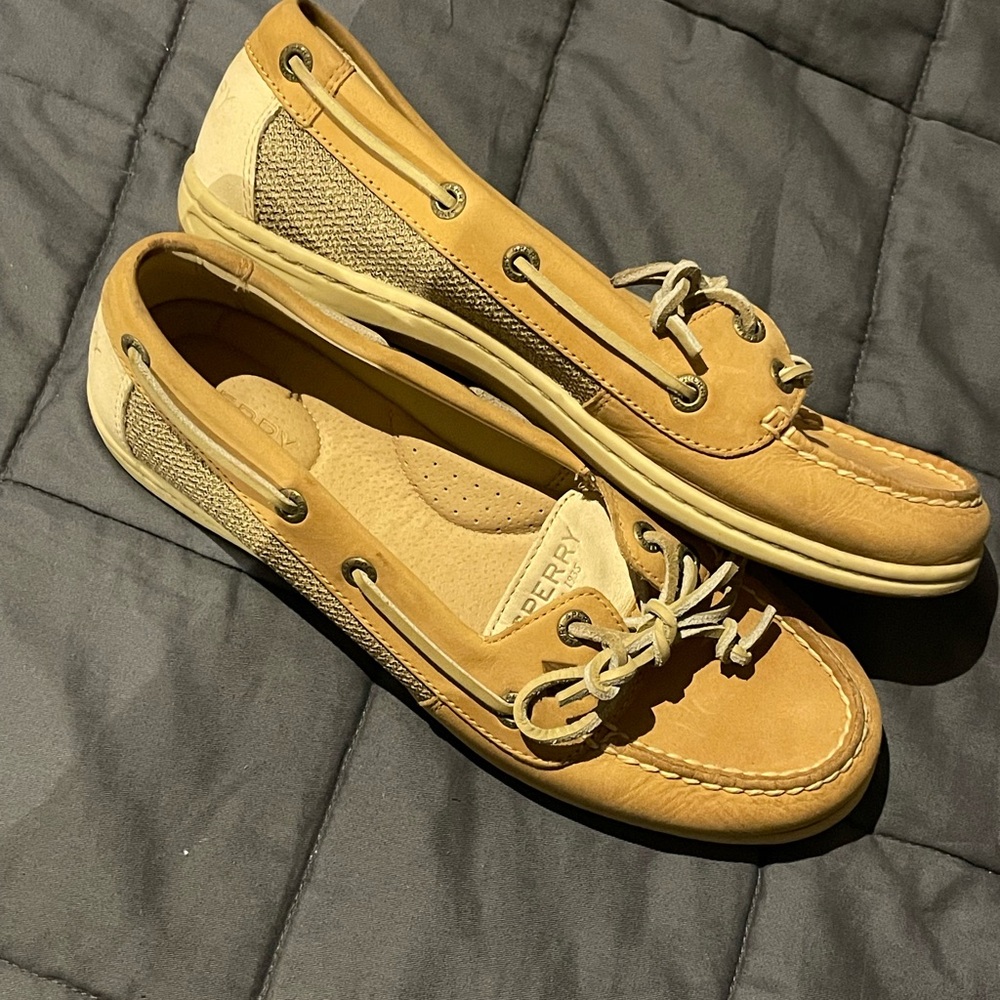 Sperry Women’s Tan/Beige Leather & Canvas Boat Shoes